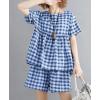 image:imagechouyatou Womens 2 Piece Outfits Gingham Cotton Short Sleeve Tank Top and Summer Elastic Waist Shorts SetBlue