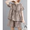 image:imagechouyatou Womens 2 Piece Outfits Gingham Cotton Short Sleeve Tank Top and Summer Elastic Waist Shorts SetCoffee