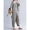 image:imagechouyatou Womens 2 Piece Outfits Linen Short Sleeve Top and Elastic Waist Crop Wide Leg Pants Lounge SetsBlack
