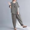 image:imagechouyatou Womens 2 Piece Outfits Linen Short Sleeve Top and Elastic Waist Crop Wide Leg Pants Lounge SetsBlack