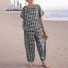 image:imagechouyatou Womens 2 Piece Outfits Linen Short Sleeve Top and Elastic Waist Crop Wide Leg Pants Lounge SetsBlack