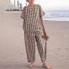image:imagechouyatou Womens 2 Piece Outfits Linen Short Sleeve Top and Elastic Waist Crop Wide Leg Pants Lounge SetsBrown