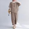 image:imagechouyatou Womens 2 Piece Outfits Linen Short Sleeve Top and Elastic Waist Crop Wide Leg Pants Lounge SetsBrown