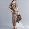 image:imagechouyatou Womens 2 Piece Outfits Linen Short Sleeve Top and Elastic Waist Crop Wide Leg Pants Lounge SetsBrown