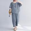 image:imagechouyatou Womens 2 Piece Outfits Linen Short Sleeve Top and Elastic Waist Crop Wide Leg Pants Lounge SetsDark Blue