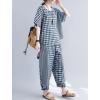 image:imagechouyatou Womens 2 Piece Outfits Linen Short Sleeve Top and Elastic Waist Crop Wide Leg Pants Lounge SetsDark Blue