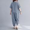 image:imagechouyatou Womens 2 Piece Outfits Linen Short Sleeve Top and Elastic Waist Crop Wide Leg Pants Lounge SetsDark Blue