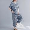 image:imagechouyatou Womens 2 Piece Outfits Linen Short Sleeve Top and Elastic Waist Crop Wide Leg Pants Lounge SetsDark Blue