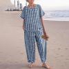 image:imagechouyatou Womens 2 Piece Outfits Linen Short Sleeve Top and Elastic Waist Crop Wide Leg Pants Lounge SetsDark Blue