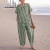 image:imagechouyatou Womens 2 Piece Outfits Linen Short Sleeve Top and Elastic Waist Crop Wide Leg Pants Lounge SetsGreen