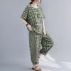 image:imagechouyatou Womens 2 Piece Outfits Linen Short Sleeve Top and Elastic Waist Crop Wide Leg Pants Lounge SetsGreen