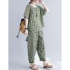 image:imagechouyatou Womens 2 Piece Outfits Linen Short Sleeve Top and Elastic Waist Crop Wide Leg Pants Lounge SetsGreen