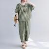 image:imagechouyatou Womens 2 Piece Outfits Linen Short Sleeve Top and Elastic Waist Crop Wide Leg Pants Lounge SetsGreen