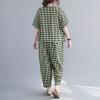 image:imagechouyatou Womens 2 Piece Outfits Linen Short Sleeve Top and Elastic Waist Crop Wide Leg Pants Lounge SetsGreen