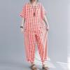 image:imagechouyatou Womens 2 Piece Outfits Linen Short Sleeve Top and Elastic Waist Crop Wide Leg Pants Lounge SetsRed