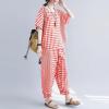 image:imagechouyatou Womens 2 Piece Outfits Linen Short Sleeve Top and Elastic Waist Crop Wide Leg Pants Lounge SetsRed