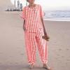 image:imagechouyatou Womens 2 Piece Outfits Linen Short Sleeve Top and Elastic Waist Crop Wide Leg Pants Lounge SetsRed