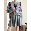 image:imagechouyatou Womens 2 Piece Sweater Skirt Set Argyle Plaid Pullover Polo Sweater Mini Pleated Skirt Matching OutfitsGray
