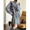 image:imagechouyatou Womens 2 Piece Sweater Skirt Set Argyle Plaid Pullover Polo Sweater Mini Pleated Skirt Matching OutfitsGray