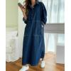 image:imagechouyatou Womens Casual Long Sleeve Maxi Denim Dress Fall Spring Loose 12 Button Down Tunic Jean DressDark Blue