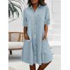 image:imagechouyatou Womens Casual Short Sleeve Denim Shirt Dress Button Down Tunic Shift Midi Long Jean Dress with PocketsLight Blue