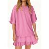 image:imagechouyatou Womens Summer Ruffle Skirt Set Casual Short Sleeve T Shirt Mini Skirt Lounge Set Vacation 2 Piece OutfitsPink