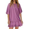 image:imagechouyatou Womens Summer Ruffle Skirt Set Casual Short Sleeve T Shirt Mini Skirt Lounge Set Vacation 2 Piece OutfitsPurple