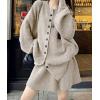 image:imagechouyatou Womens Sweater Skirt Set Ribbed Knit Button Down Cardigan Mini Skirt 2 Piece Sets Matching OutfitsBeige