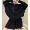 image:imagechouyatou Womens Sweater Skirt Set Ribbed Knit Button Down Cardigan Mini Skirt 2 Piece Sets Matching OutfitsBlack