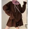 image:imagechouyatou Womens Sweater Skirt Set Ribbed Knit Button Down Cardigan Mini Skirt 2 Piece Sets Matching OutfitsCoffee