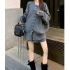 image:imagechouyatou Womens Sweater Skirt Set Ribbed Knit Button Down Cardigan Mini Skirt 2 Piece Sets Matching OutfitsGray
