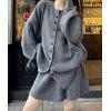 image:imagechouyatou Womens Sweater Skirt Set Ribbed Knit Button Down Cardigan Mini Skirt 2 Piece Sets Matching OutfitsGray