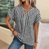 image:imagechouyatou Womens V Neck Gingham Button Down Cotton Shirt Plaid Blouses Short Sleeve Summer Tunic TopsBlack