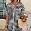 image:imagechouyatou Womens V Neck Gingham Button Down Cotton Shirt Plaid Blouses Short Sleeve Summer Tunic TopsBlack
