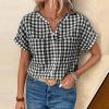 image:imagechouyatou Womens V Neck Gingham Button Down Cotton Shirt Plaid Blouses Short Sleeve Summer Tunic TopsBlack