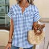 image:imagechouyatou Womens V Neck Gingham Button Down Cotton Shirt Plaid Blouses Short Sleeve Summer Tunic TopsBlue