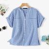 image:imagechouyatou Womens V Neck Gingham Button Down Cotton Shirt Plaid Blouses Short Sleeve Summer Tunic TopsBlue