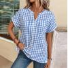 image:imagechouyatou Womens V Neck Gingham Button Down Cotton Shirt Plaid Blouses Short Sleeve Summer Tunic TopsBlue