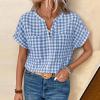 image:imagechouyatou Womens V Neck Gingham Button Down Cotton Shirt Plaid Blouses Short Sleeve Summer Tunic TopsBlue