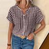 image:imagechouyatou Womens V Neck Gingham Button Down Cotton Shirt Plaid Blouses Short Sleeve Summer Tunic TopsBrown