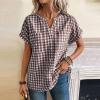 image:imagechouyatou Womens V Neck Gingham Button Down Cotton Shirt Plaid Blouses Short Sleeve Summer Tunic TopsBrown
