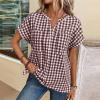 image:imagechouyatou Womens V Neck Gingham Button Down Cotton Shirt Plaid Blouses Short Sleeve Summer Tunic TopsBrown
