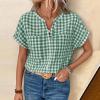 image:imagechouyatou Womens V Neck Gingham Button Down Cotton Shirt Plaid Blouses Short Sleeve Summer Tunic TopsGreen