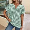 image:imagechouyatou Womens V Neck Gingham Button Down Cotton Shirt Plaid Blouses Short Sleeve Summer Tunic TopsGreen