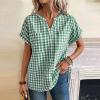 image:imagechouyatou Womens V Neck Gingham Button Down Cotton Shirt Plaid Blouses Short Sleeve Summer Tunic TopsGreen