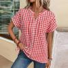 image:imagechouyatou Womens V Neck Gingham Button Down Cotton Shirt Plaid Blouses Short Sleeve Summer Tunic TopsRed
