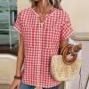 image:imagechouyatou Womens V Neck Gingham Button Down Cotton Shirt Plaid Blouses Short Sleeve Summer Tunic TopsRed