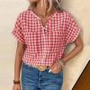 image:imagechouyatou Womens V Neck Gingham Button Down Cotton Shirt Plaid Blouses Short Sleeve Summer Tunic TopsRed