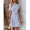 image:imagechouyatou Womens Vertical Striped Puff Short Sleeve Work Casual Shift Mini Dress with BeltBlue