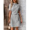 image:imagechouyatou Womens Vertical Striped Puff Short Sleeve Work Casual Shift Mini Dress with BeltGray